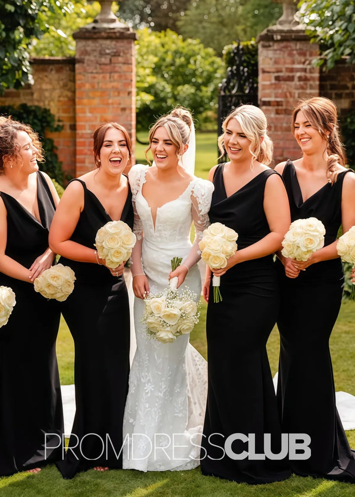 Pandora |Long White Bridesmaid Dress Near Me With Mermaid Lace Cowl Neck - Price #price_variant_lowest# - Black - PromDressClub