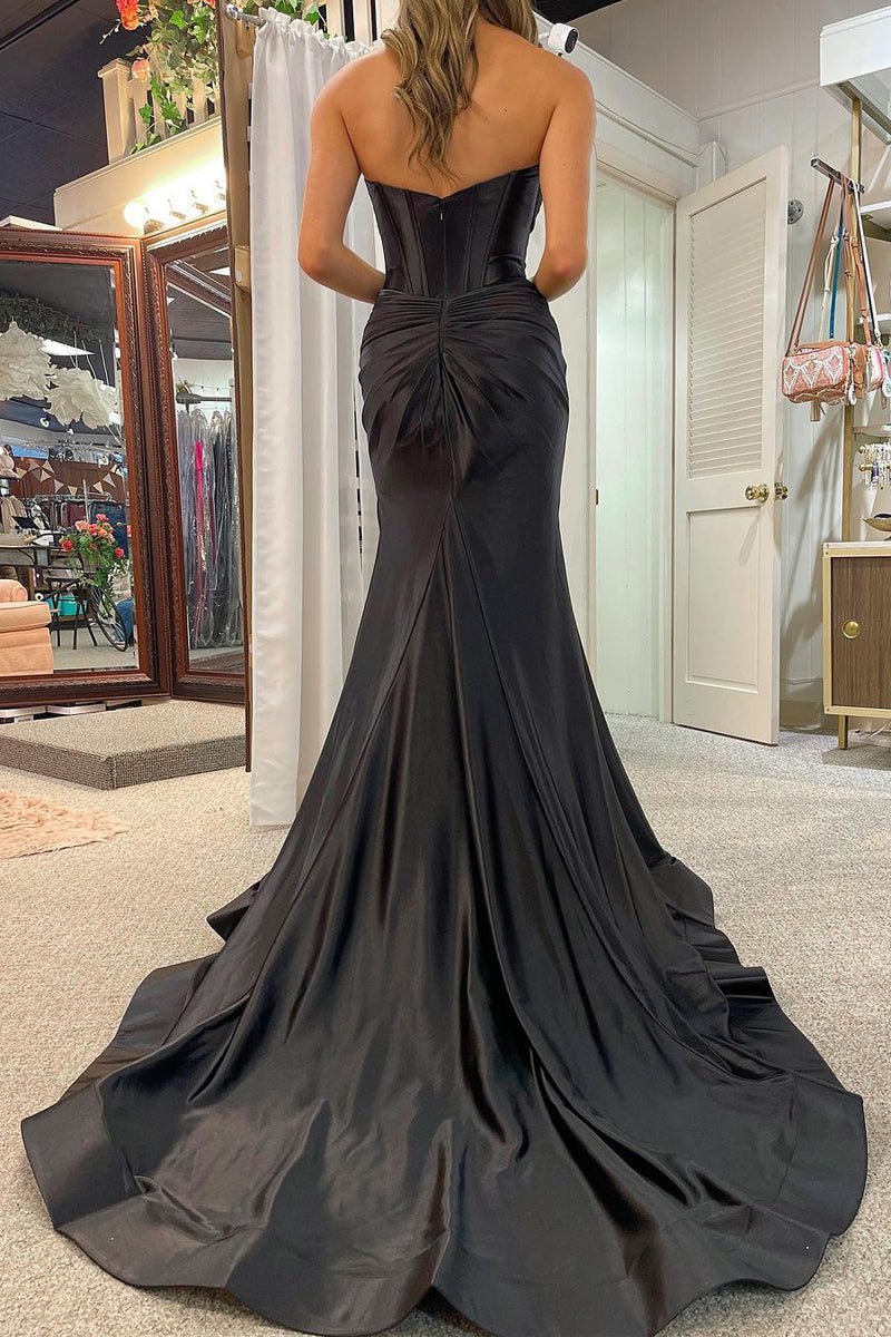 Pandora | Mermaid Satin Black and Hot Pink Strapless Prom Dress with Slit - Black - PromDressClub