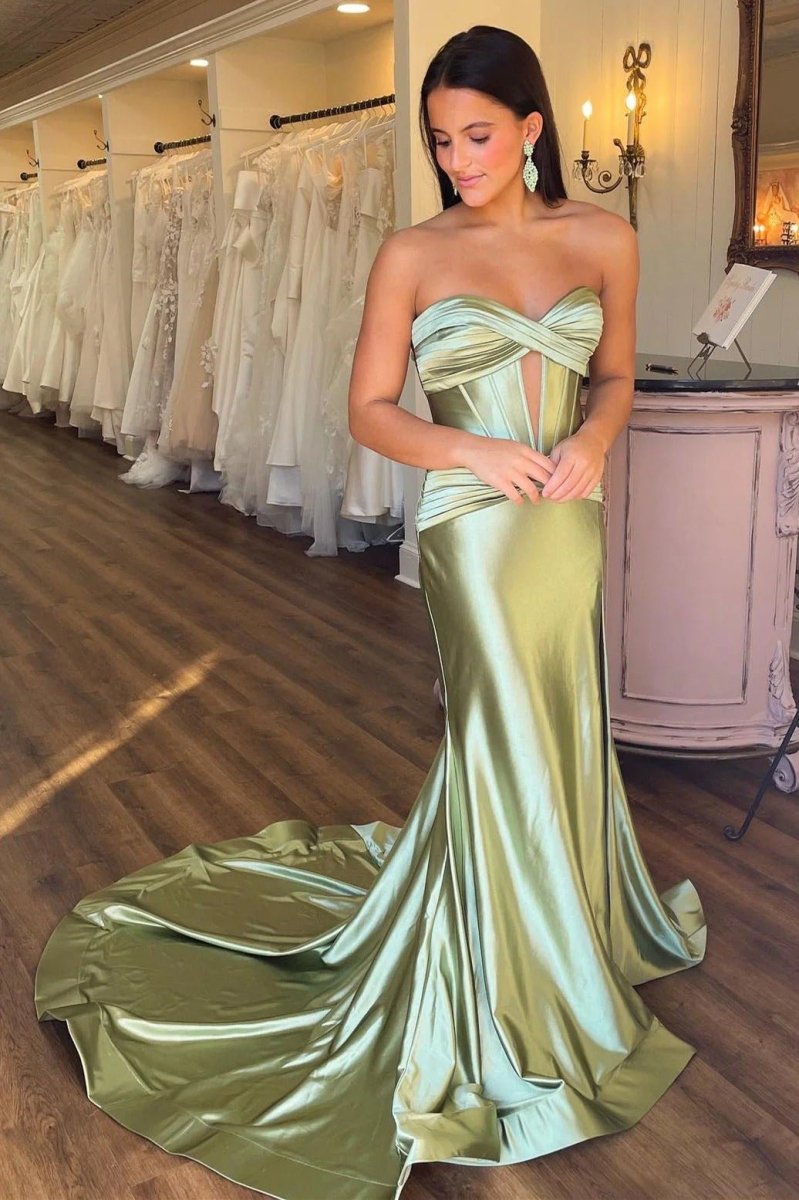 Pandora | Mermaid Satin Black and Hot Pink Strapless Prom Dress with Slit - Sage Green - PromDressClub