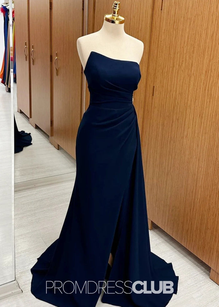 Paula | Mermaid Strapless Ruched Corset Navy Blue Satin Maxi Bridesmaid Dress - Price #price_variant_lowest# - Navy Blue - PromDressClub