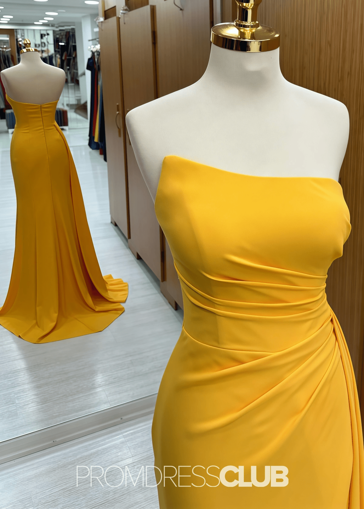 Paula | Mermaid Strapless Ruched Corset Navy Blue Satin Maxi Bridesmaid Dress - Price #price_variant_lowest# - Yellow - PromDressClub