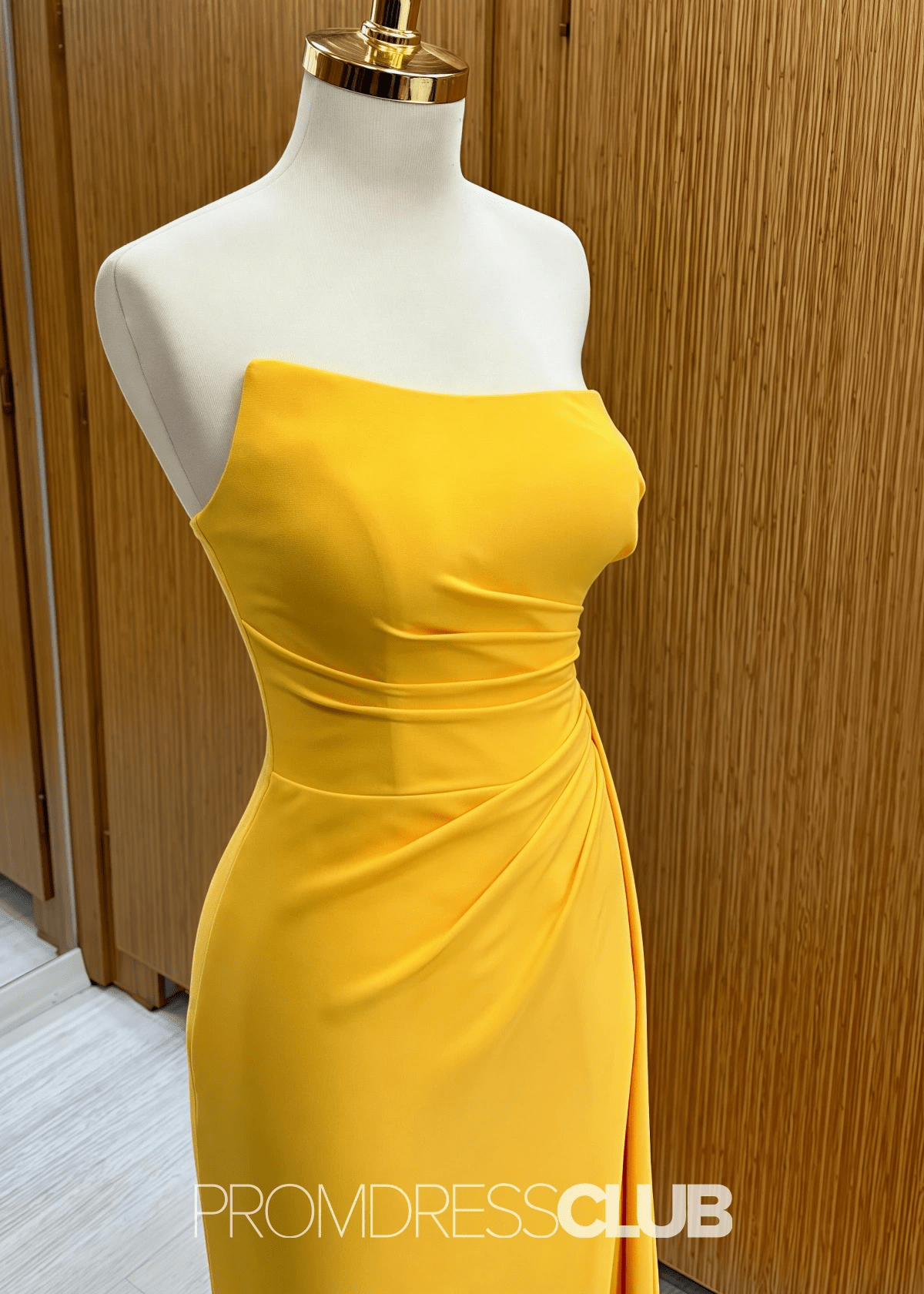 Paula | Mermaid Strapless Ruched Corset Navy Blue Satin Maxi Bridesmaid Dress - Price #price_variant_lowest# - Yellow - PromDressClub