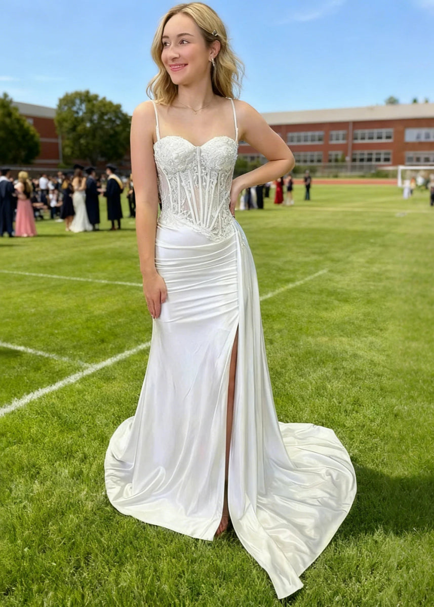 Paula | Silver Emerald Green Mermaid Corset Pleated Satin Formal Dress with Train - White - PromDressClub