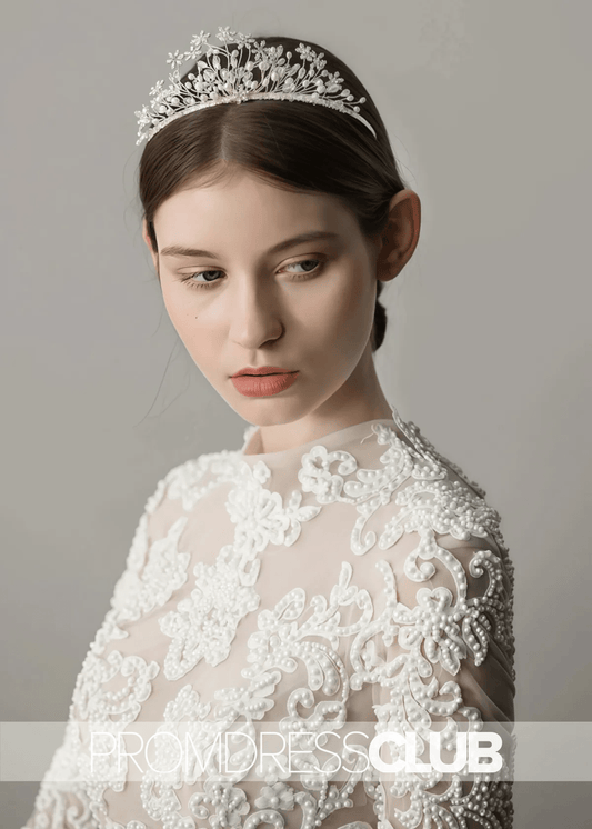 Pearl Snowflake Bridal Crown With Transparent Crystal Flower - Price #price_variant_lowest# - Gold - PromDressClub 1200