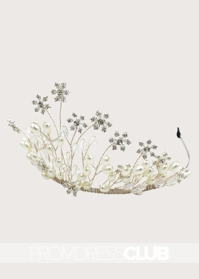 Pearl Snowflake Bridal Crown With Transparent Crystal Flower - Price #price_variant_lowest# - Gold - PromDressClub