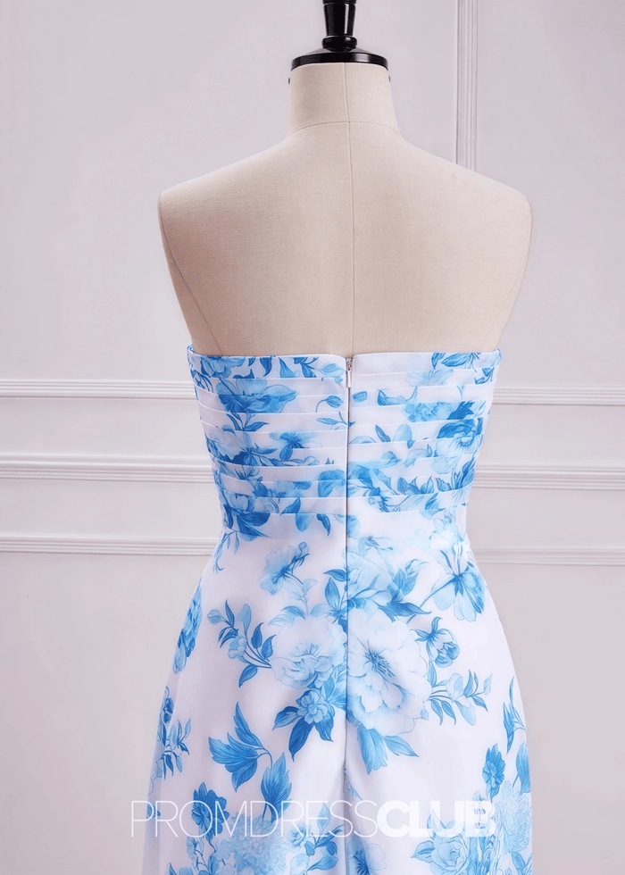 Penny | White Blue Floral Print Mermaid Strapless Long Bridesmaid Dress - Price #price_variant_lowest# - Blue Floral - PromDressClub