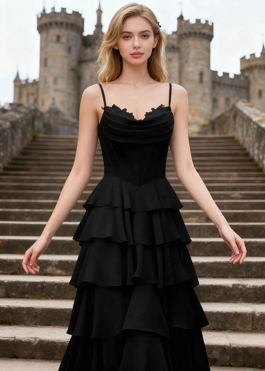 Penumbra Black Corset Ruffle Prom Dress | A - Line Cowl Neck Lace Tiered Pleated Dress with Slit - US0 - PromDressClub