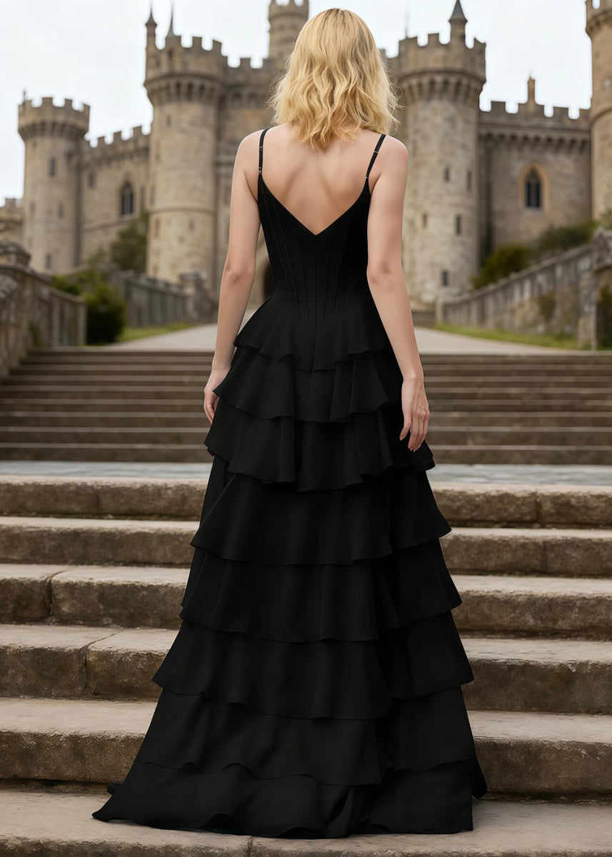 Penumbra Black Corset Ruffle Prom Dress | A - Line Cowl Neck Lace Tiered Pleated Dress with Slit - US0 - PromDressClub