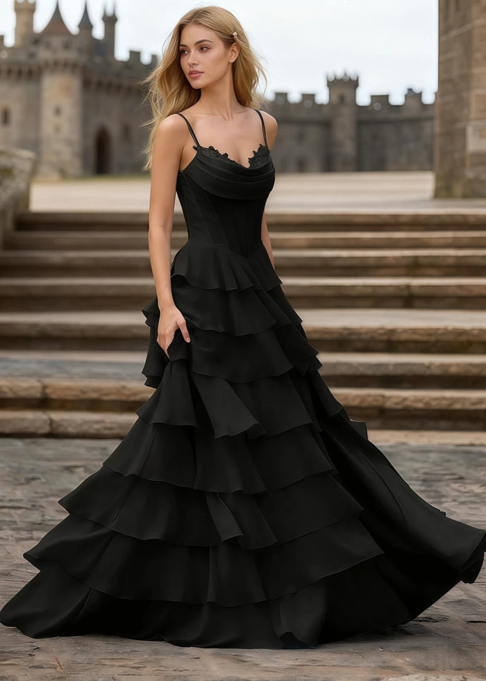 Penumbra Black Corset Ruffle Prom Dress | A - Line Cowl Neck Lace Tiered Pleated Dress with Slit - US0 - PromDressClub