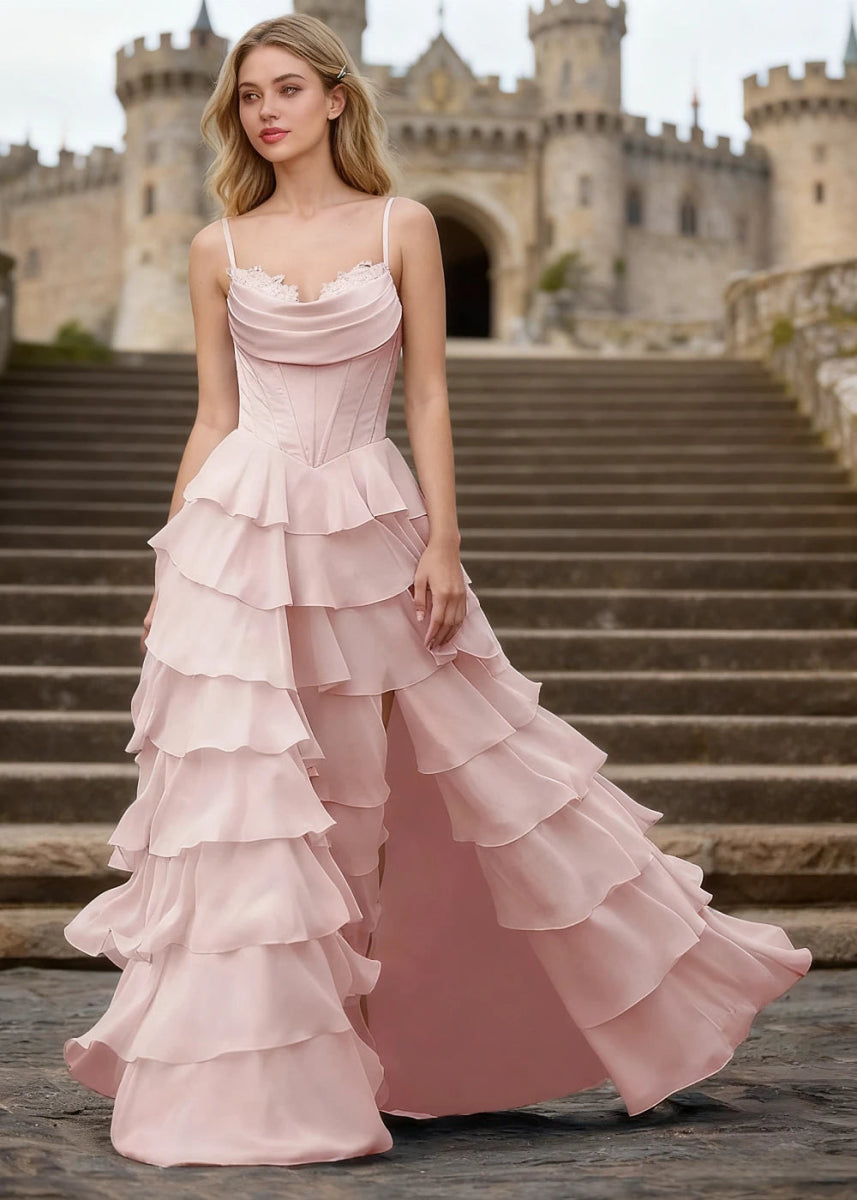 Penumbra Powder Pink Corset Ruffle Prom Dress | A - Line Cowl Neck Lace Tiered Pleated Dress with Slit - US0 - PromDressClub