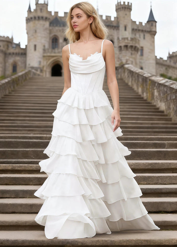 Penumbra White Corset Ruffle Prom Dress | A - Line Cowl Neck Lace Tiered Pleated Dress with Slit - US0 - PromDressClub