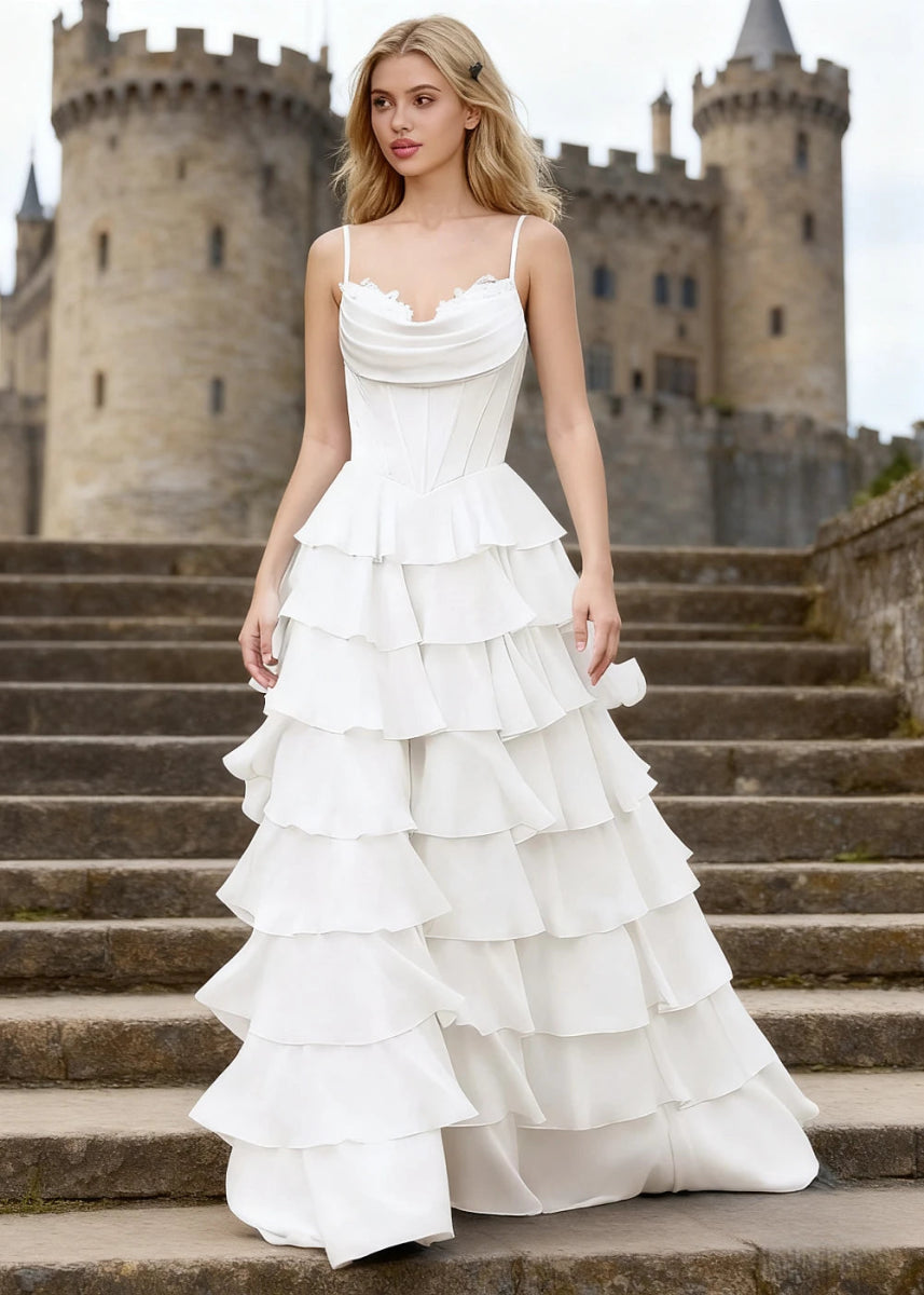 Penumbra White Corset Ruffle Prom Dress | A - Line Cowl Neck Lace Tiered Pleated Dress with Slit - US0 - PromDressClub