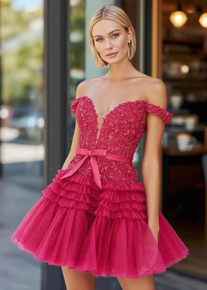 Perfectly Luxurious Off The Shoulder Red Backless Dress with Ruffles for Prom - Burgundy Homecoming Elegance - Burgundy - PromDressClub
