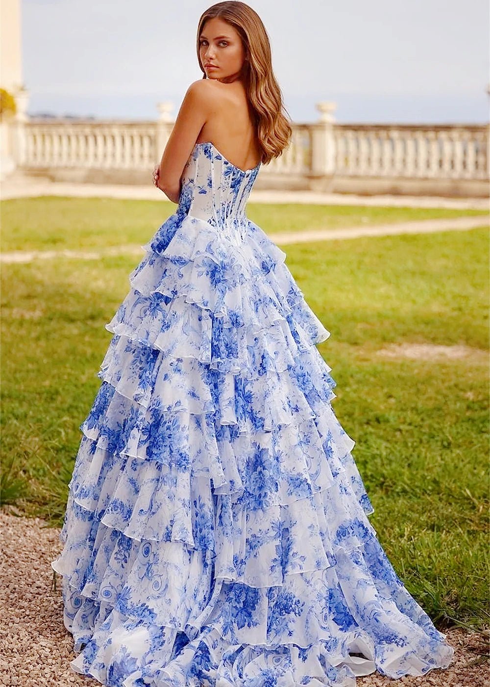 Phoebe | Exquisite Blue Floral Strapless Corset Slit Prom Dress with Ruffles - Blue Floral - PromDressClub