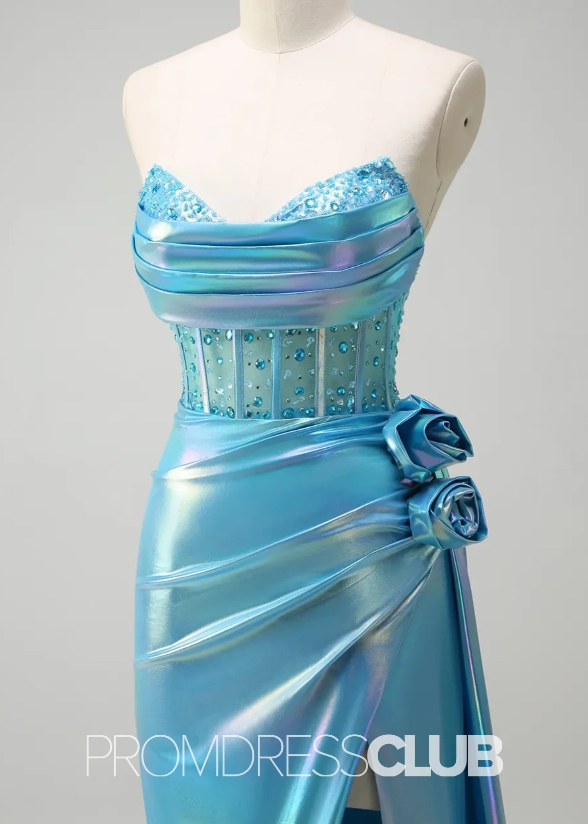 Phyllis |Metallic White Prom Dresses Near Me With Strapless Mermaid Beaded Corset Cape - Price #price_variant_lowest# - Light Blue - PromDressClub