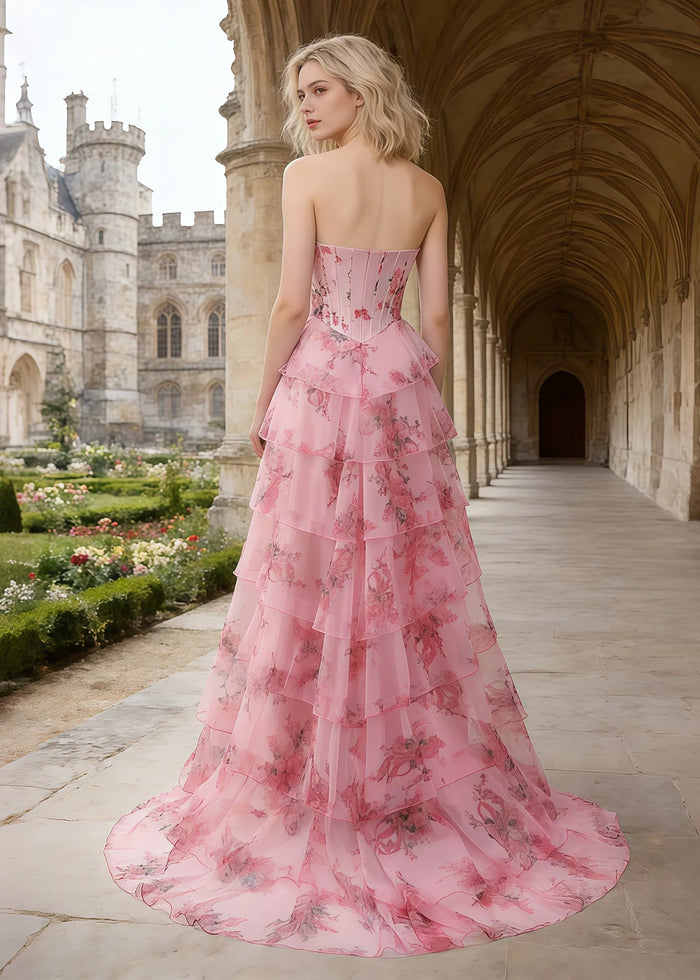 Pia Corset Hot Pink Floral Prom Dress Ruffles | A - Line Strapless Lace Detail Slit Formal Dress - Hot Pink Floral - PromDressClub