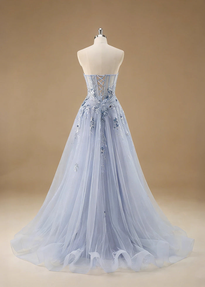 Pippa Sequin Blue Corset Dress Prom | A - Line Strapless Sweetheart Neckline Tulle Formal Dress with Appliques - Blue - PromDressClub