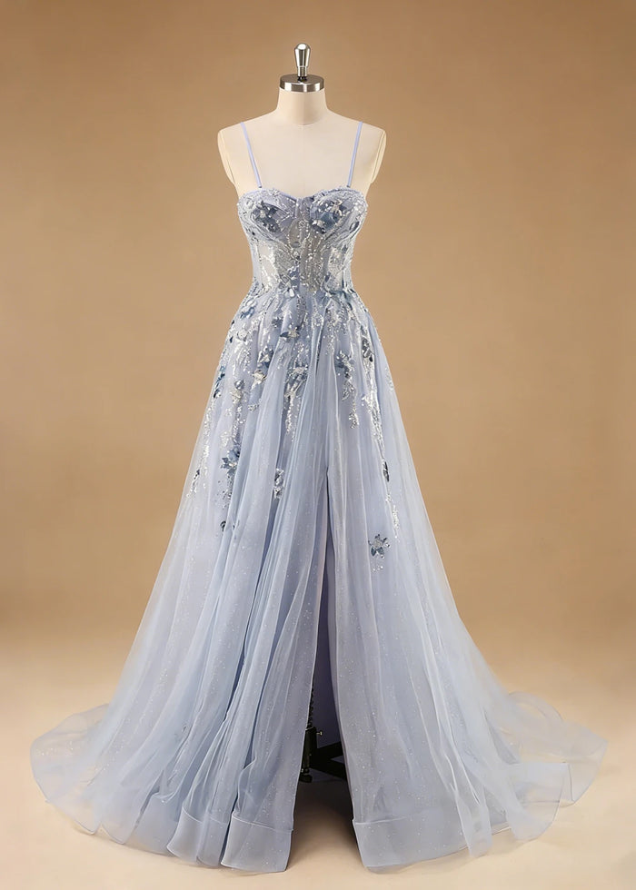 Pippa Sequin Blue Corset Dress Prom | A - Line Strapless Sweetheart Neckline Tulle Formal Dress with Appliques - Blue - PromDressClub