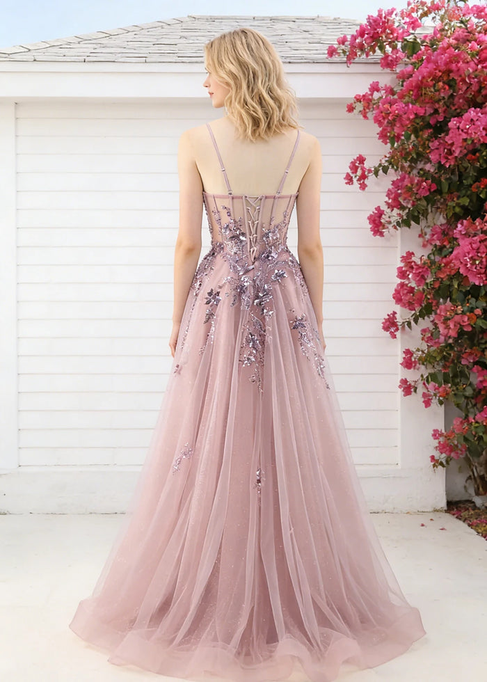 Pippa Sequin Dusty Rose Corset Dress Prom | A - Line Strapless Sweetheart Neckline Tulle Formal Dress with Appliques - Dusty Rose - PromDressClub
