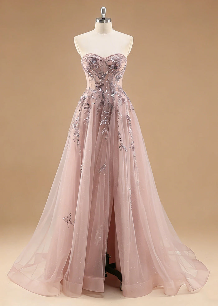 Pippa Sequin Dusty Rose Corset Dress Prom | A - Line Strapless Sweetheart Neckline Tulle Formal Dress with Appliques - Dusty Rose - PromDressClub