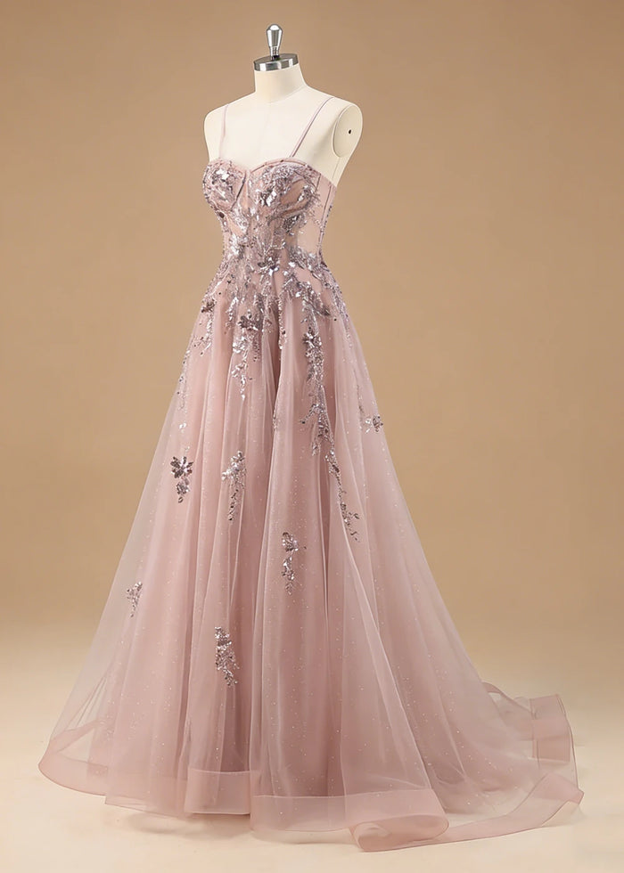 Pippa Sequin Dusty Rose Corset Dress Prom | A - Line Strapless Sweetheart Neckline Tulle Formal Dress with Appliques - Dusty Rose - PromDressClub