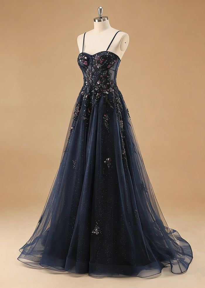 Pippa Sequin Navy Blue Corset Dress Prom | A - Line Strapless Sweetheart Neckline Tulle Formal Dress with Appliques - Navy Blue - PromDressClub