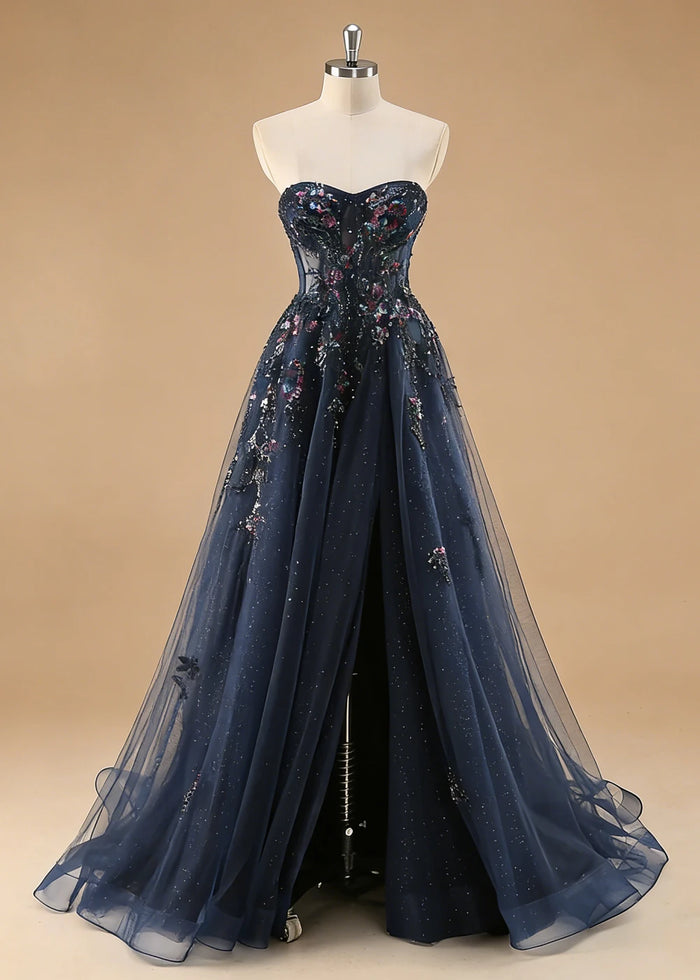 Pippa Sequin Navy Blue Corset Dress Prom | A - Line Strapless Sweetheart Neckline Tulle Formal Dress with Appliques - Navy Blue - PromDressClub