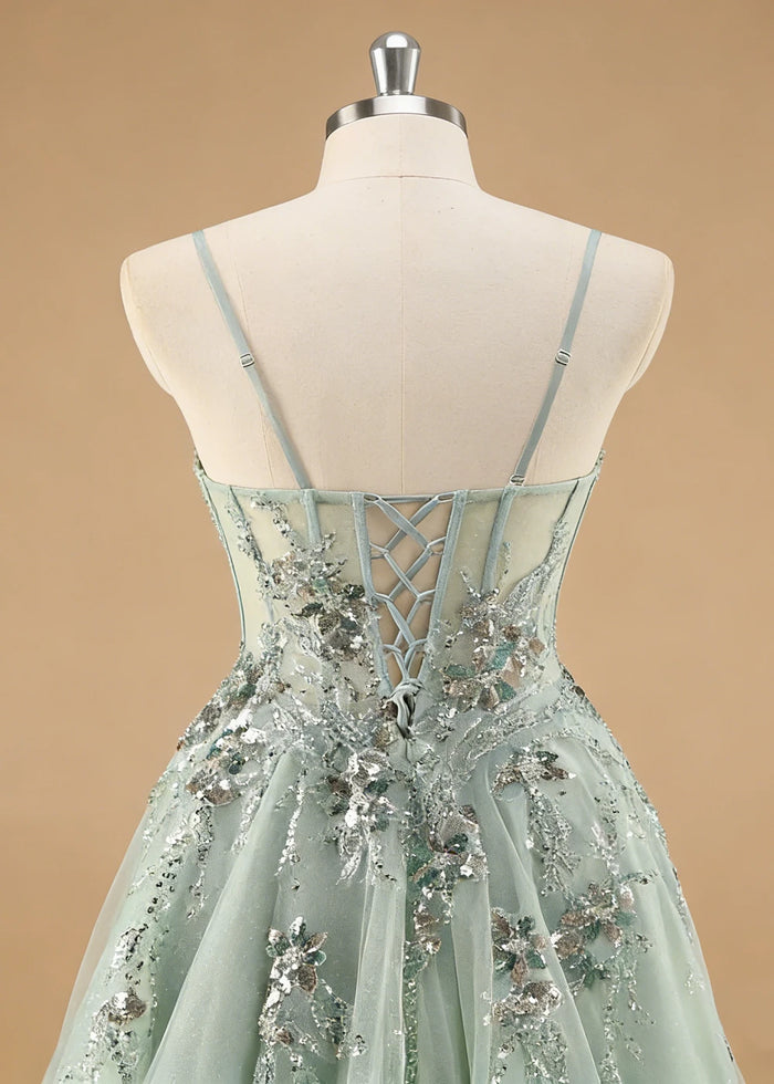 Pippa Sequin Sage Green Corset Dress Prom | A - Line Strapless Sweetheart Neckline Tulle Formal Dress with Appliques - Sage Green - PromDressClub