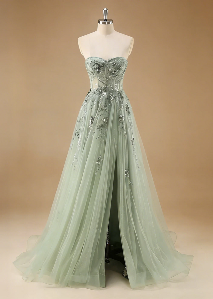 Pippa Sequin Sage Green Corset Dress Prom | A - Line Strapless Sweetheart Neckline Tulle Formal Dress with Appliques - Sage Green - PromDressClub