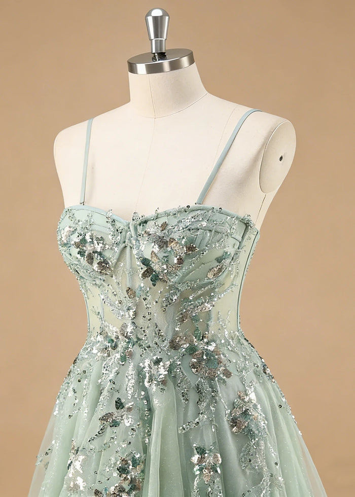 Pippa Sequin Sage Green Corset Dress Prom | A - Line Strapless Sweetheart Neckline Tulle Formal Dress with Appliques - Sage Green - PromDressClub