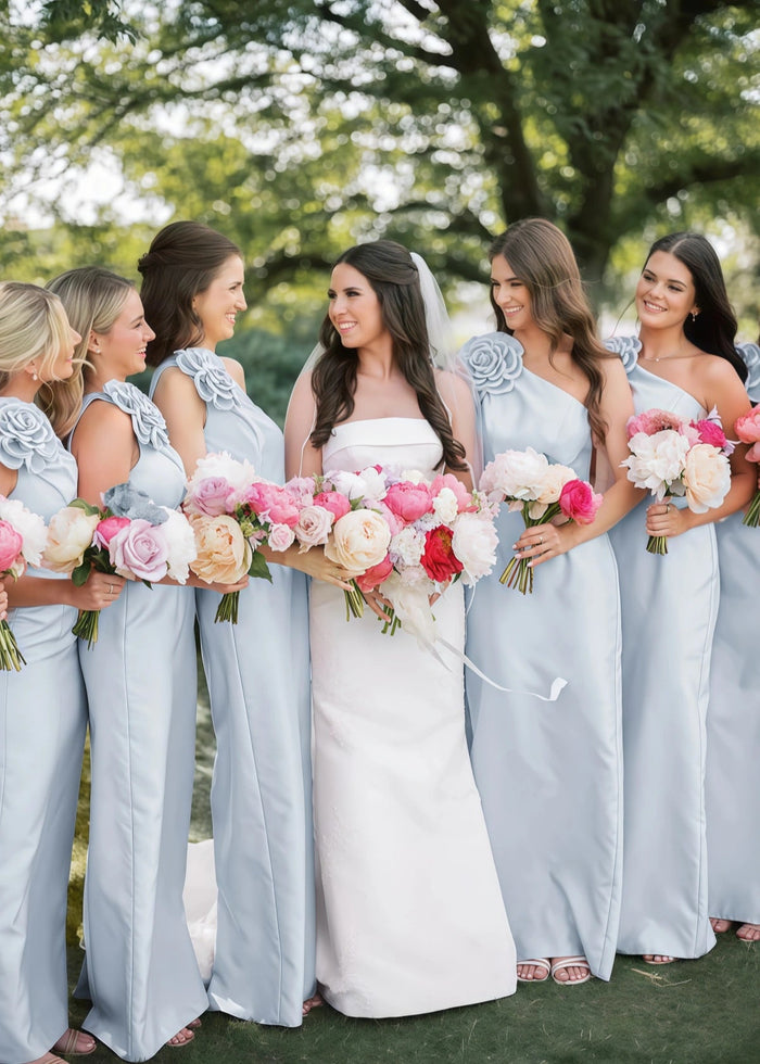 Polly | Sheath Column 3D Flower Light Pink Satin Long Bridesmaid Dress - Price #price_variant_lowest# - Light Blue - PromDressClub