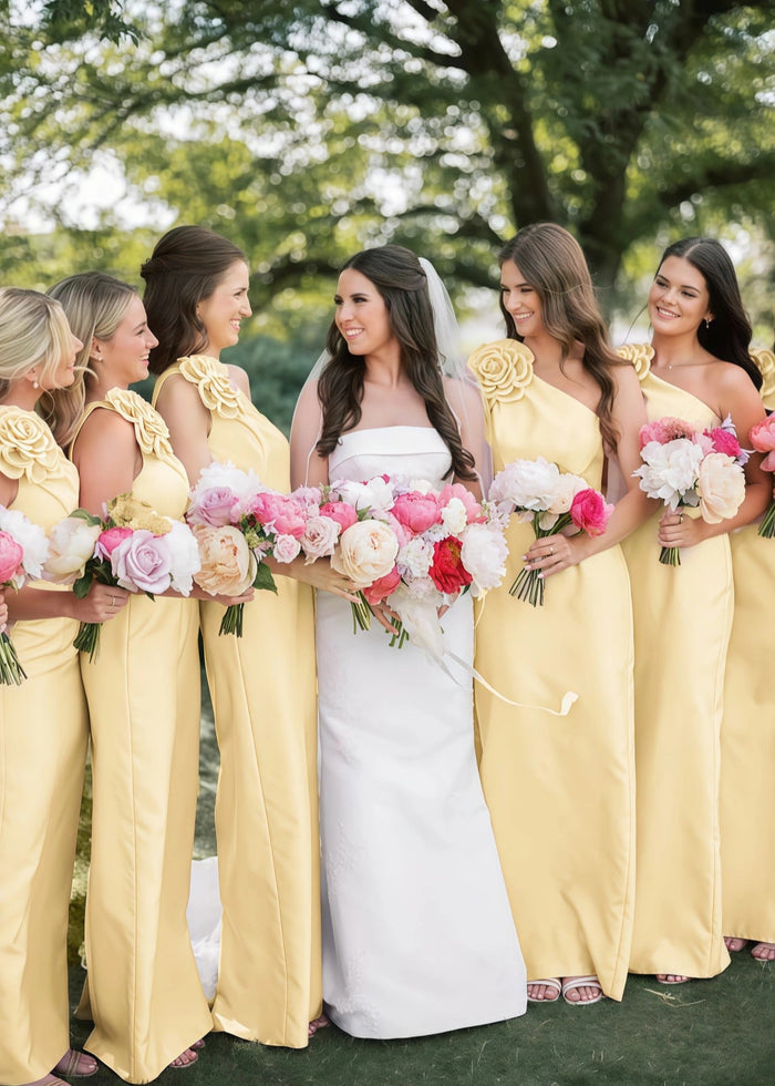 Polly | Sheath Column 3D Flower Light Pink Satin Long Bridesmaid Dress - Price #price_variant_lowest# - Yellow - PromDressClub