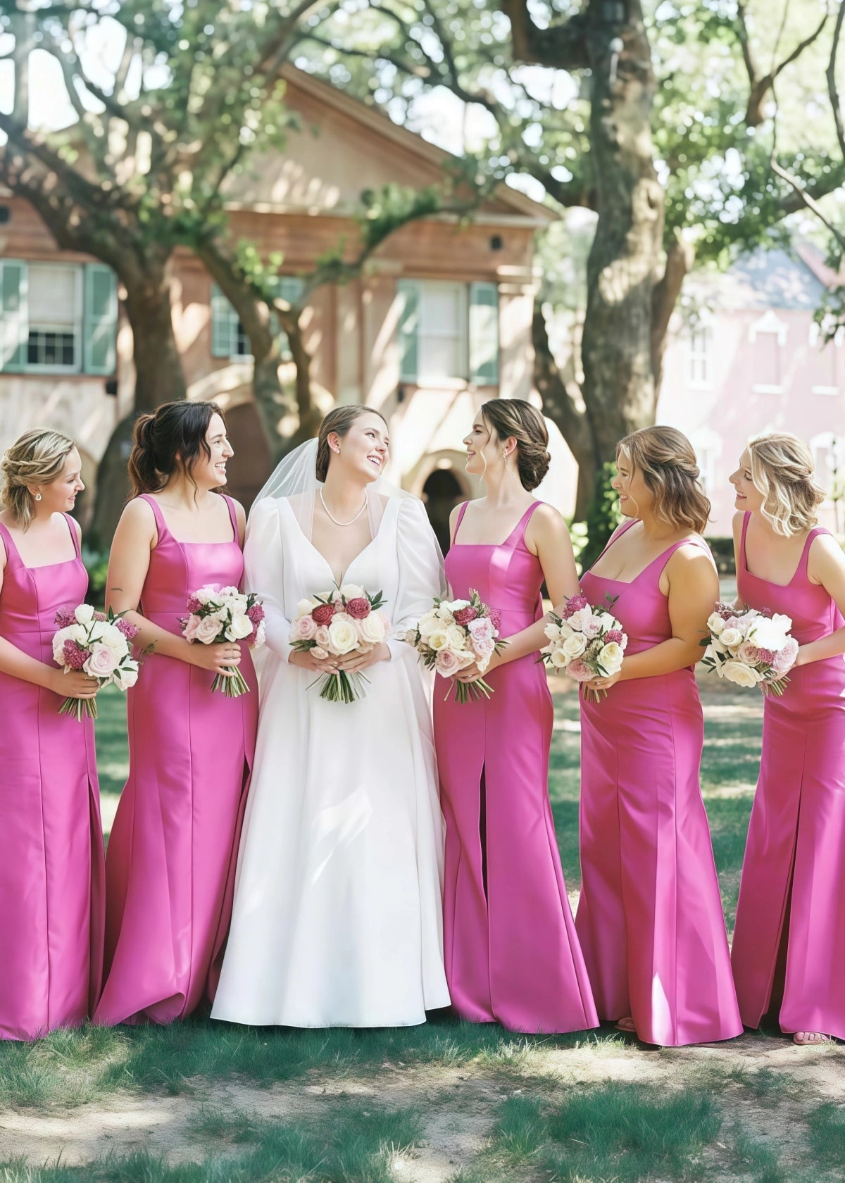 Poppy | Sheath Column Bow Hot Pink Satin Long Bridesmaid Dress - Price #price_variant_lowest# - Hot Pink - PromDressClub