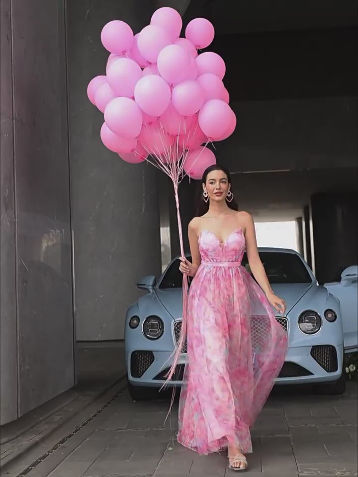 Cassandra | A Line Hot Pink Floral Strapless Corset Prom Dress with Slit – Elegant & Affordable Choice