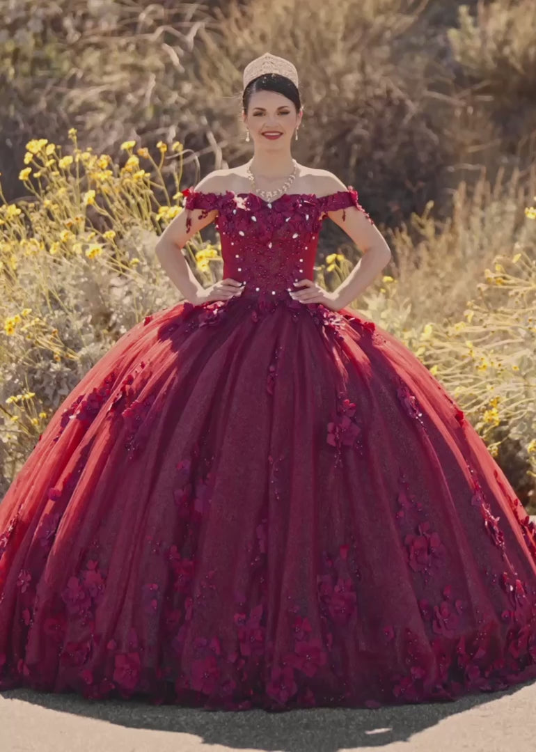Desiree | Burgundy Flower Quinceanera Dresses Off the Shoulder : A Blend of Grace and Glamour