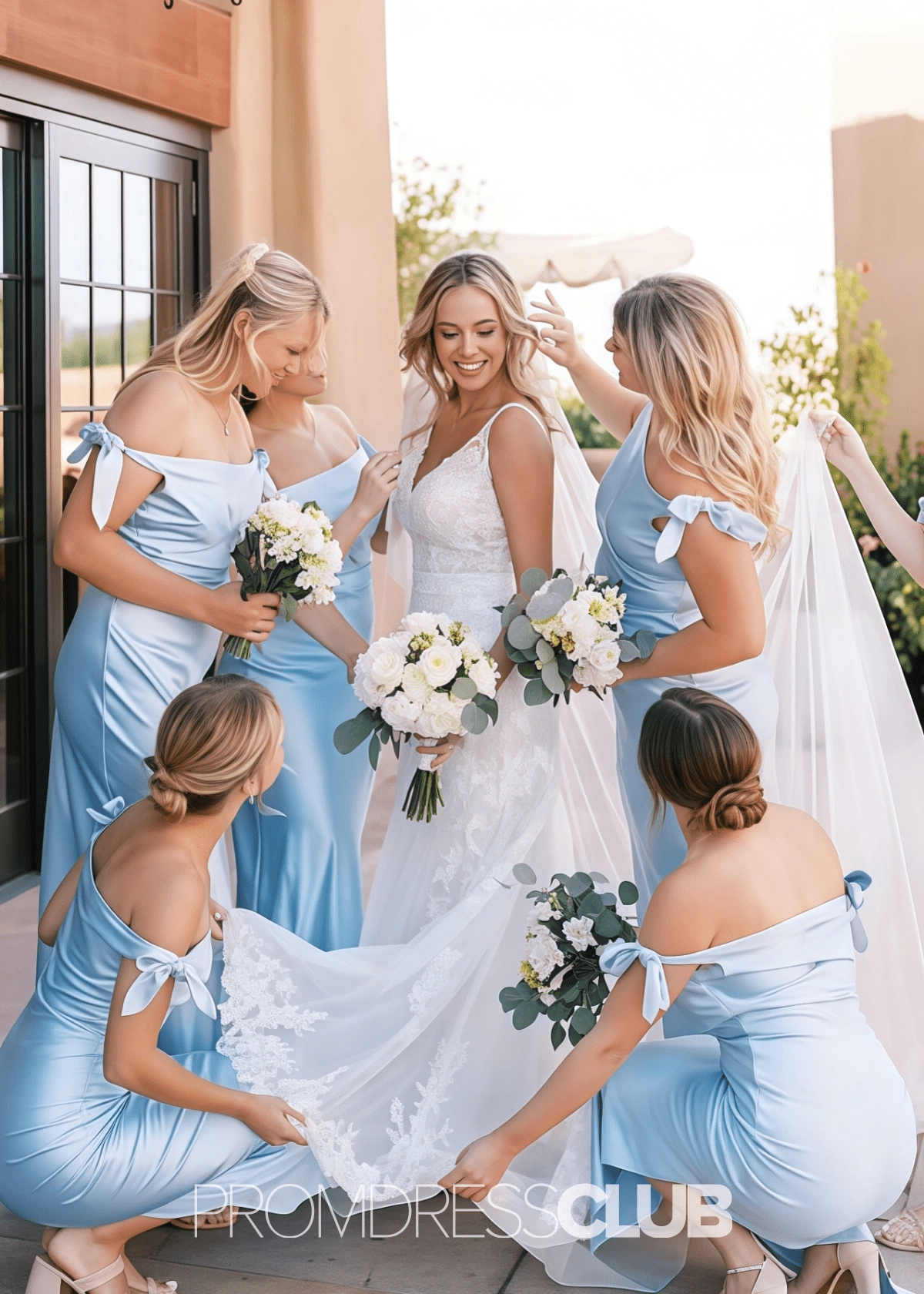 Prima | Sheath Column Bow Pleated Light Blue Satin Long Bridesmaid Dress - Price #price_variant_lowest# - Light Blue - PromDressClub