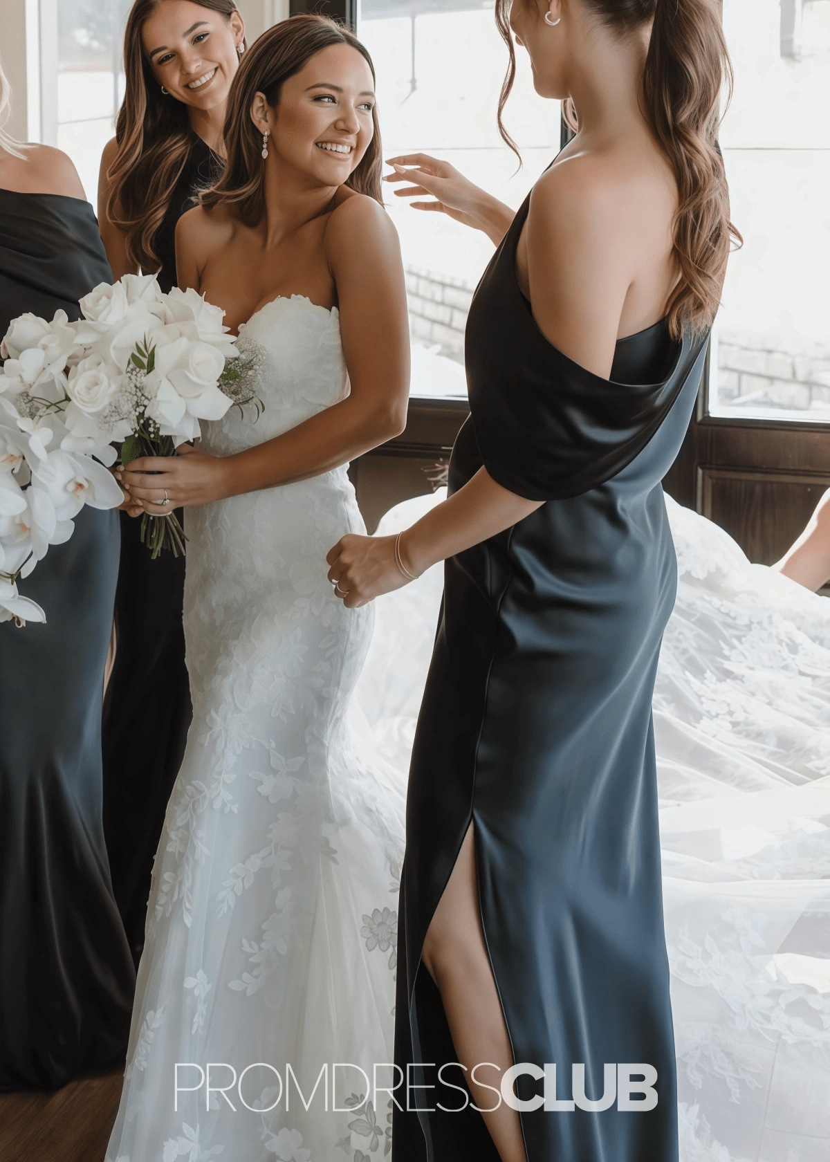 Quintina | Sheath Column Pleated Black Satin Long Bridesmaid Dress - Price #price_variant_lowest# - Black - PromDressClub