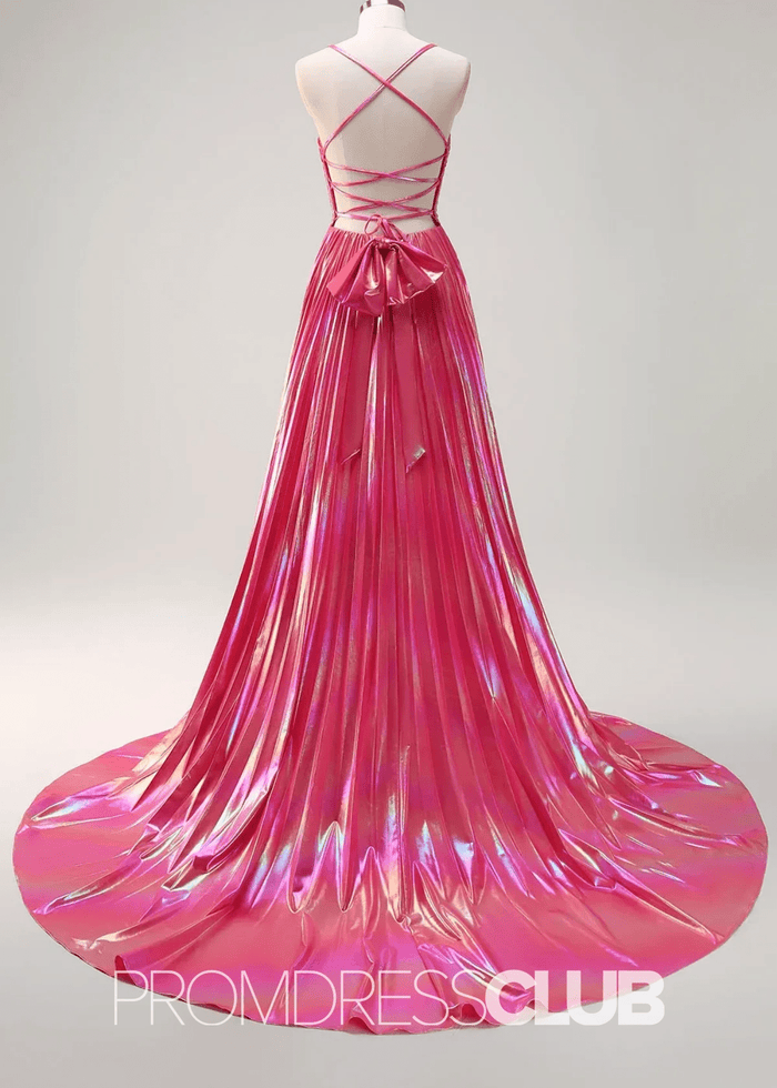 Rae |Long Fuchsia Metallic Prom Dresses Websites With A Line Spaghetti Straps Pleated Slit - Price #price_variant_lowest# - Fuchsia - PromDressClub