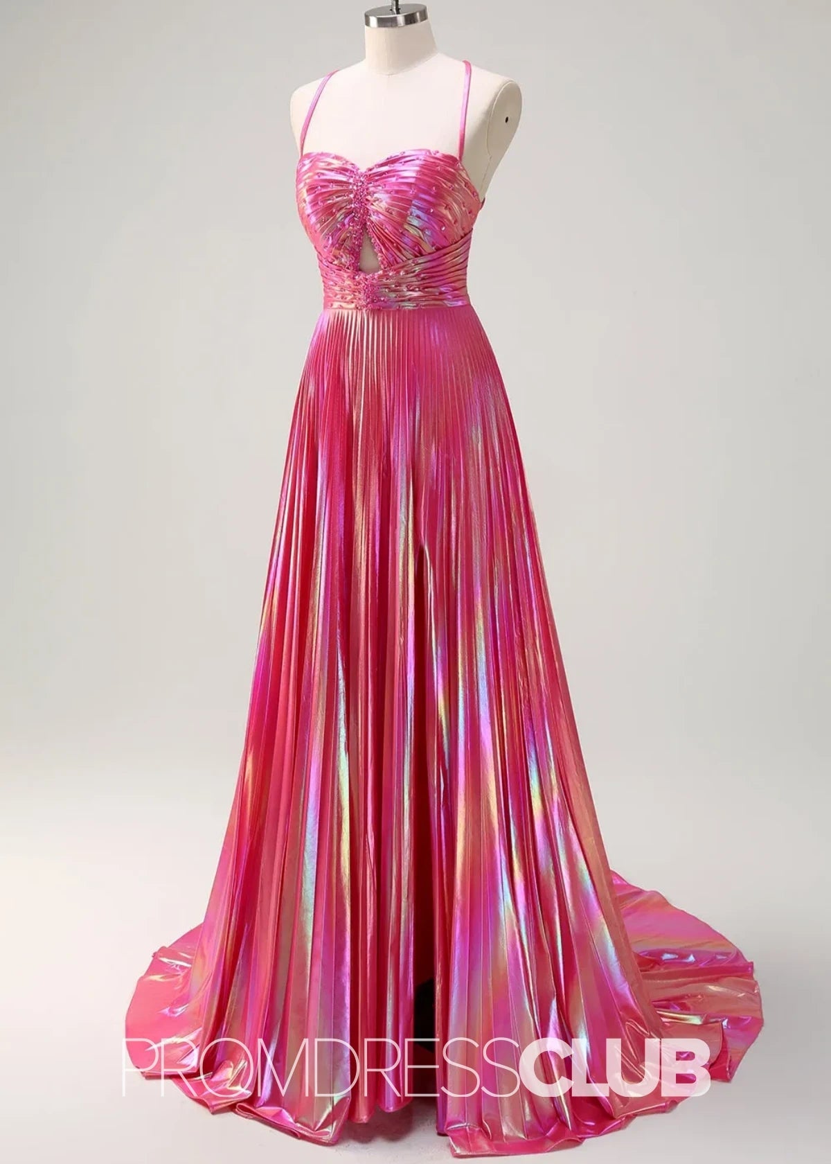 Rae |Long Fuchsia Metallic Prom Dresses Websites With A Line Spaghetti Straps Pleated Slit - Price #price_variant_lowest# - Fuchsia - PromDressClub