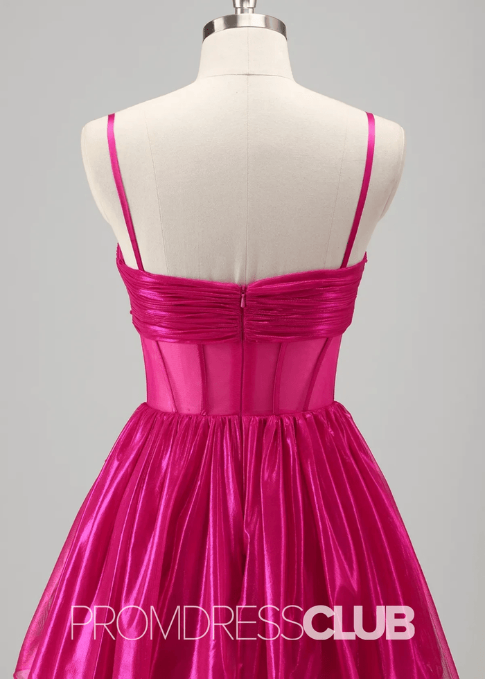 Renata |Long Fuchsia Metallic Prom Dresses Websites With Spaghetti Straps A - Line Tiered Corset Bow - Price #price_variant_lowest# - Fuchsia - PromDressClub