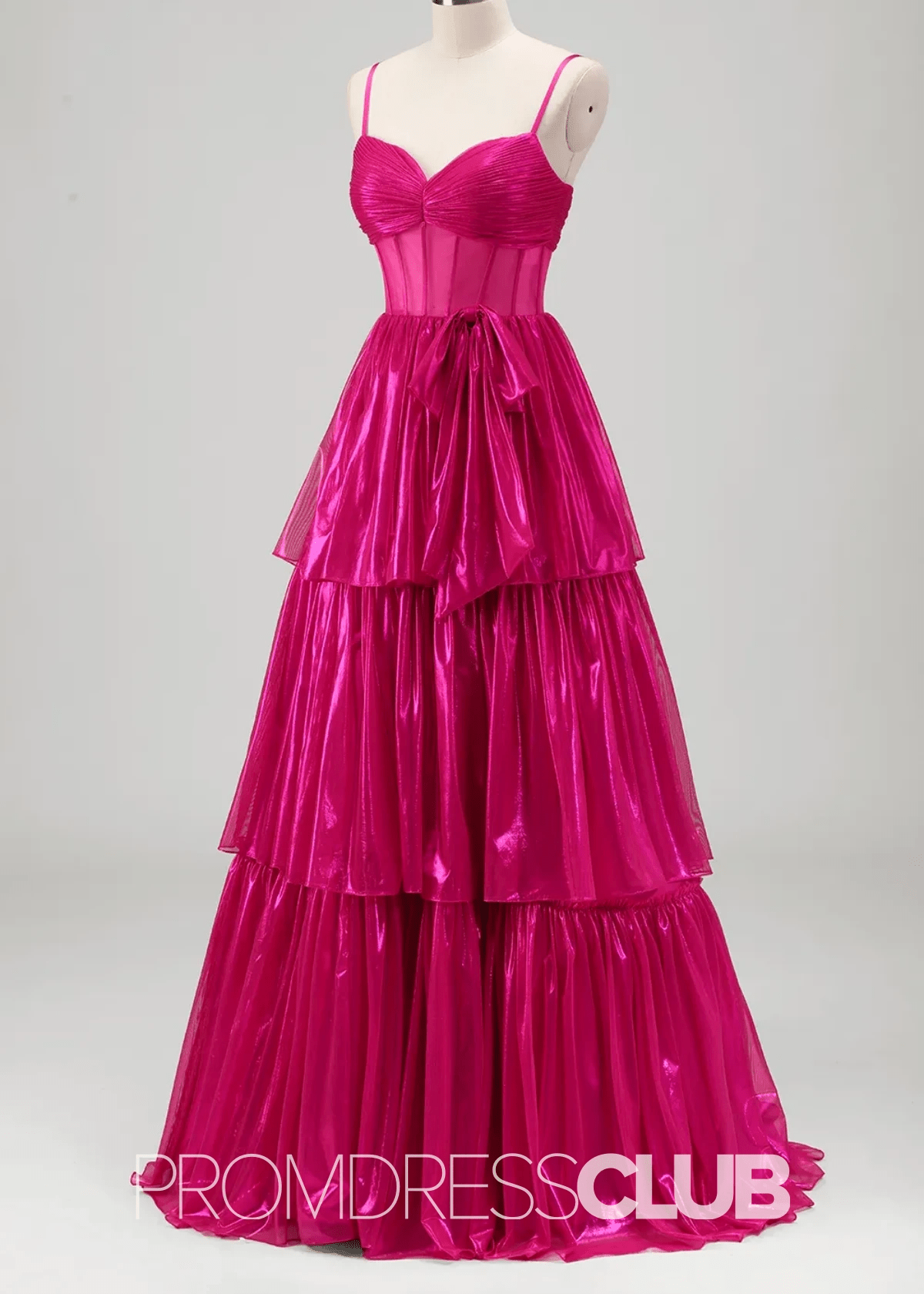 Renata |Long Fuchsia Metallic Prom Dresses Websites With Spaghetti Straps A - Line Tiered Corset Bow - Price #price_variant_lowest# - Fuchsia - PromDressClub