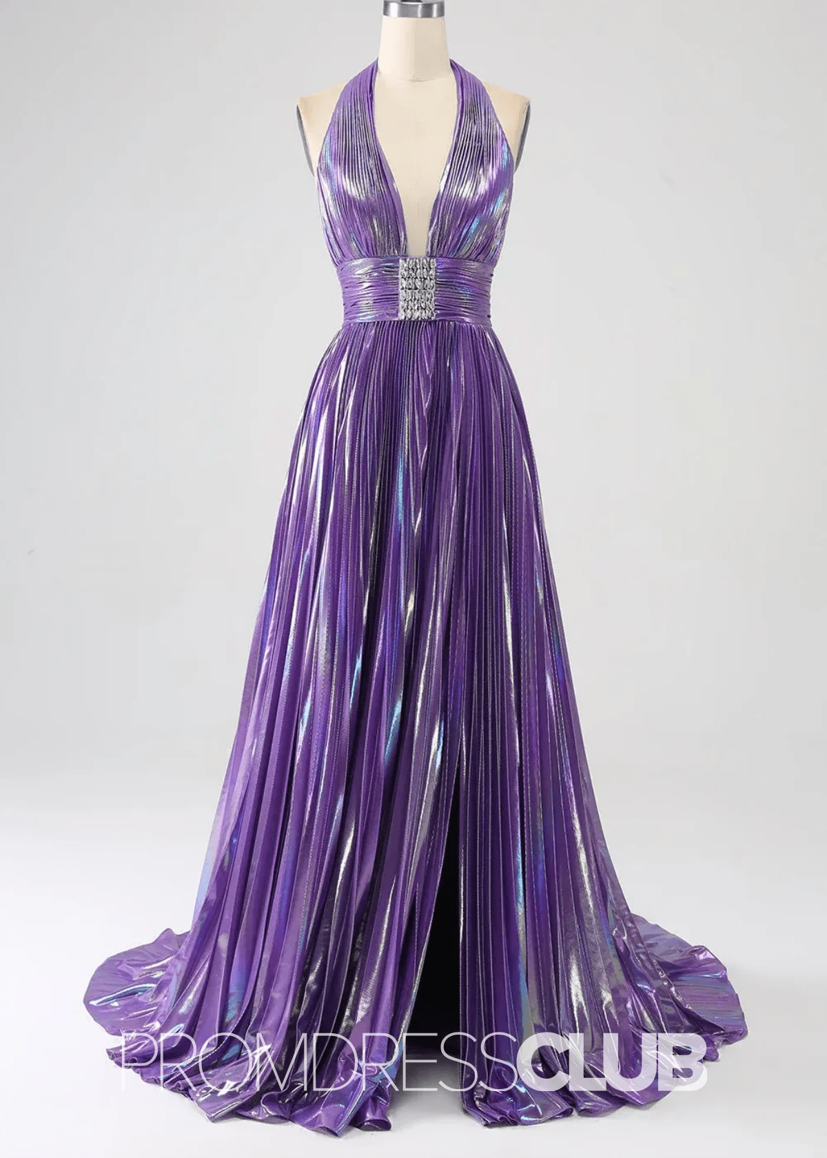 Renee |Long Blue Metallic Prom Dresses Websites With Halter Neck A - Line Pleated Slit - Price #price_variant_lowest# - Purple - PromDressClub