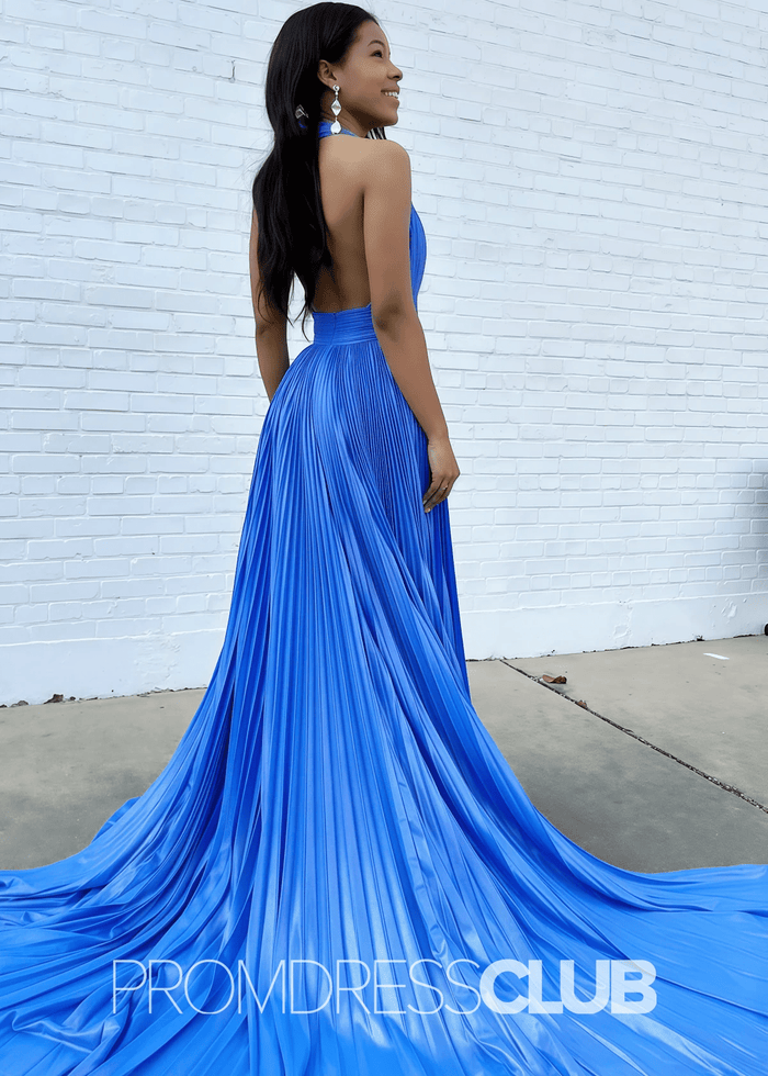 Renee |Long Blue Metallic Prom Dresses Websites With Halter Neck A - Line Pleated Slit - Price #price_variant_lowest# - Blue - PromDressClub