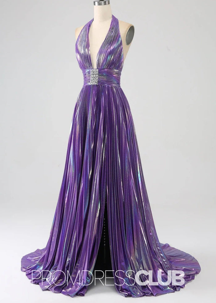 Renee |Long Blue Metallic Prom Dresses Websites With Halter Neck A - Line Pleated Slit - Price #price_variant_lowest# - Purple - PromDressClub