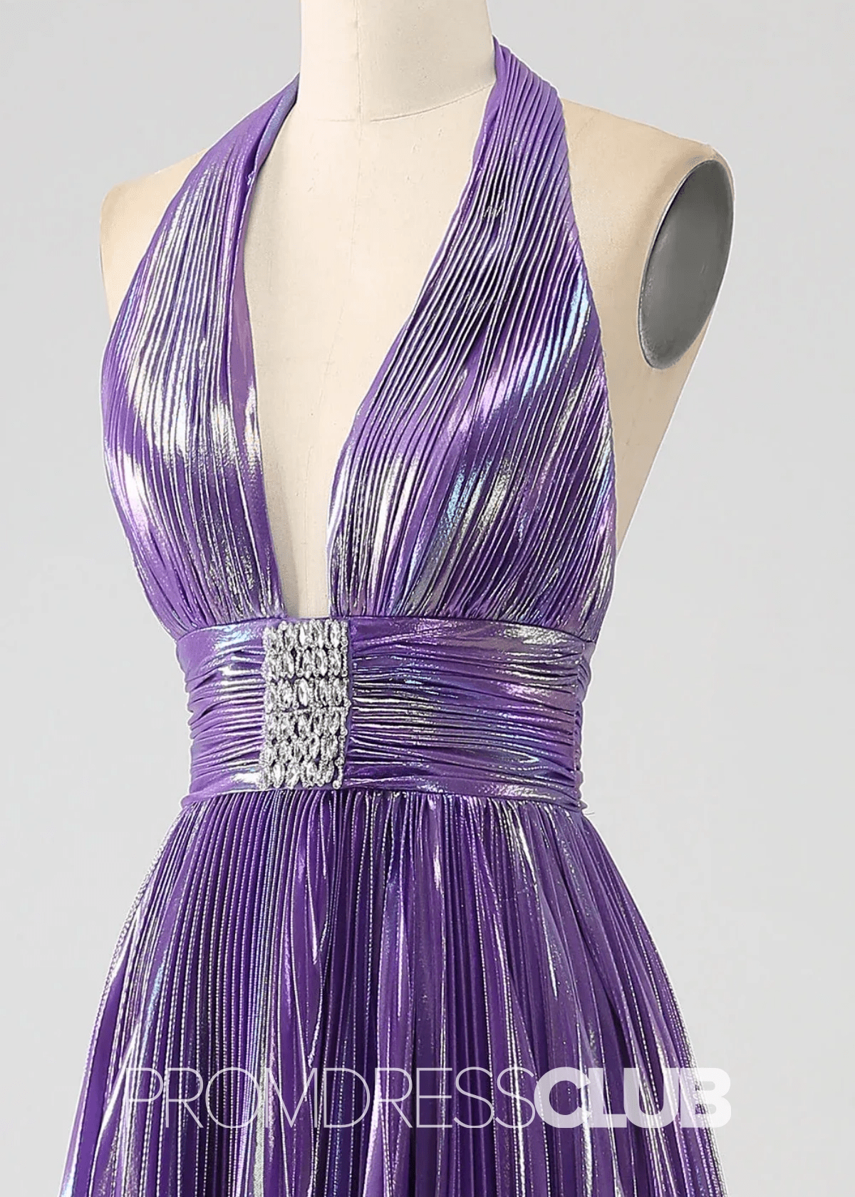 Renee |Long Blue Metallic Prom Dresses Websites With Halter Neck A - Line Pleated Slit - Price #price_variant_lowest# - Purple - PromDressClub