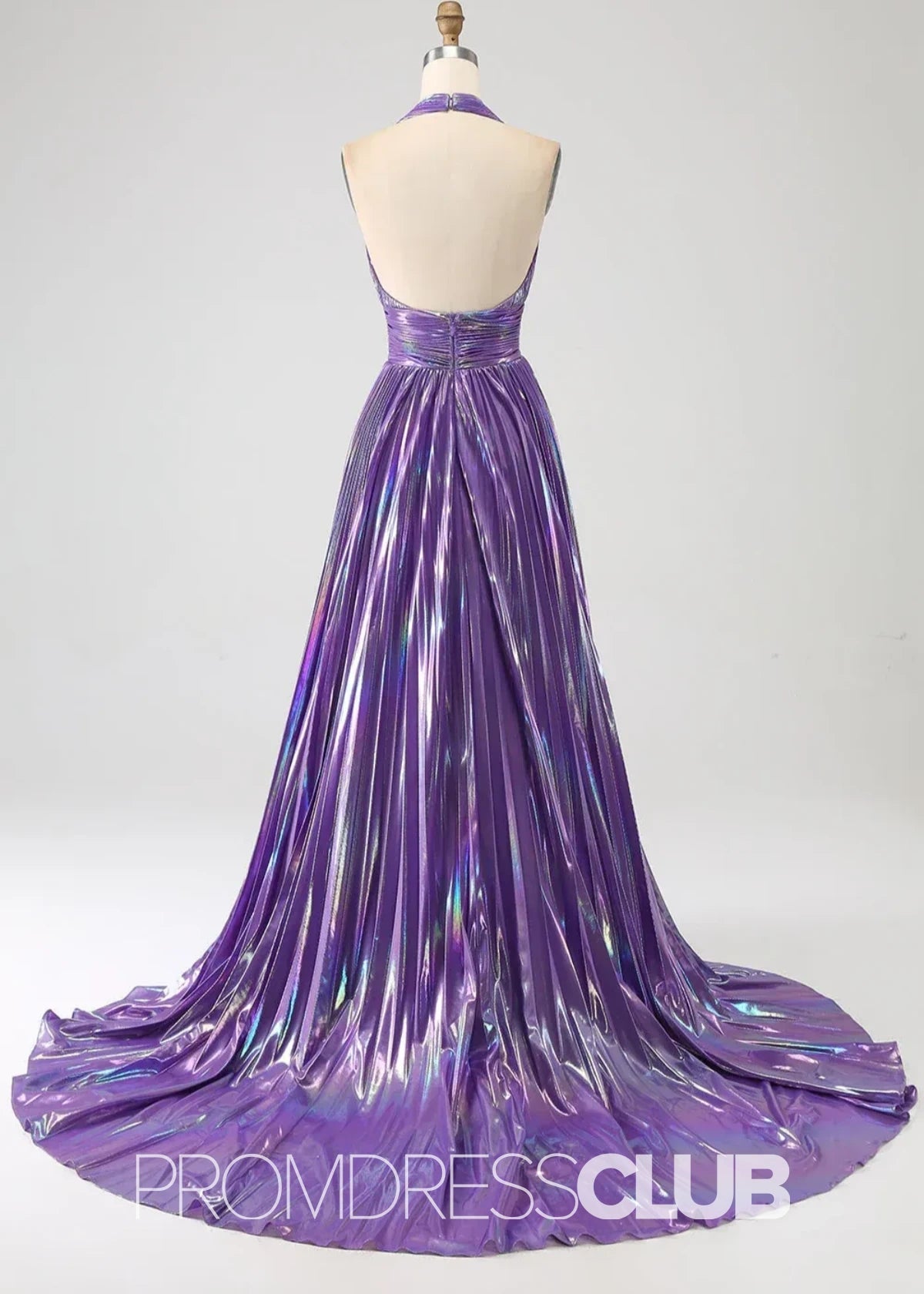 Renee |Long Blue Metallic Prom Dresses Websites With Halter Neck A - Line Pleated Slit - Price #price_variant_lowest# - Purple - PromDressClub