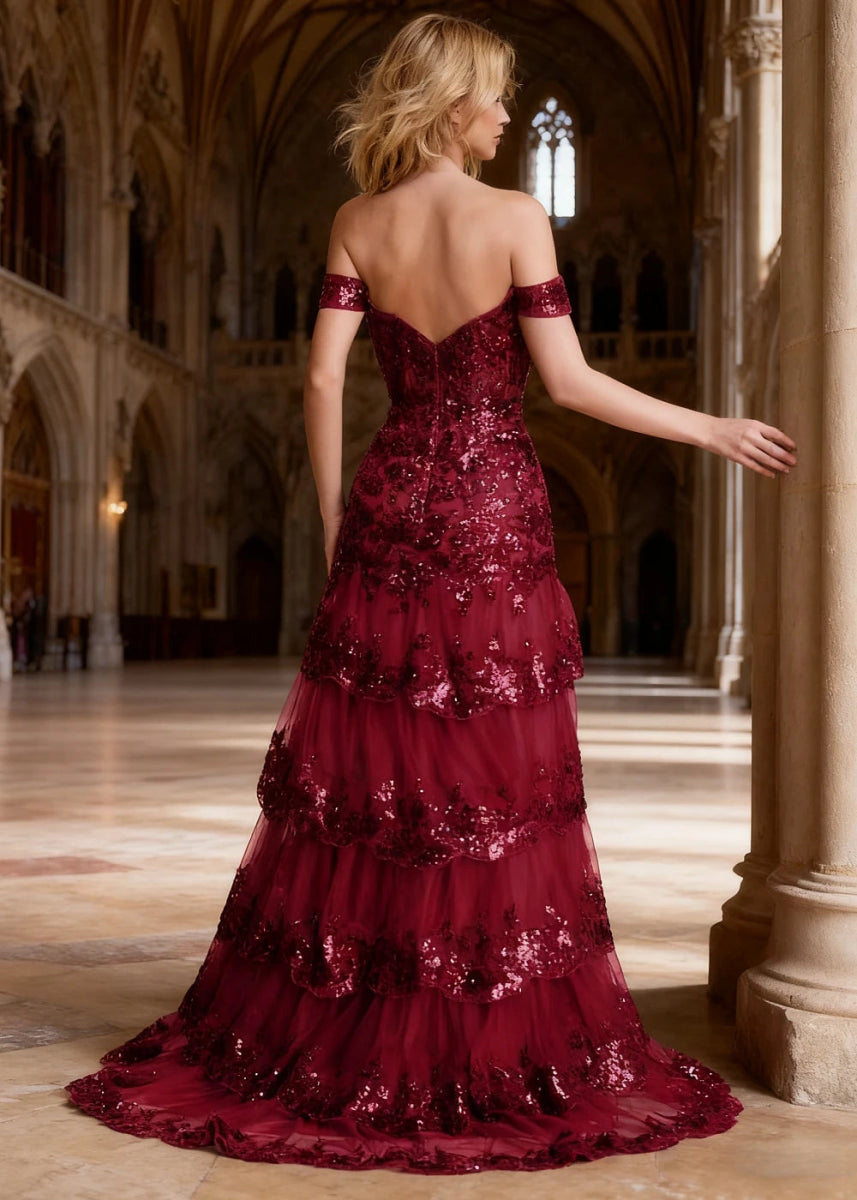 Reverie Burgundy Ruffle Off the Shoulder Prom Dress | Mermaid Sweetheart Strapless Sequin Dress Split - US0 - PromDressClub