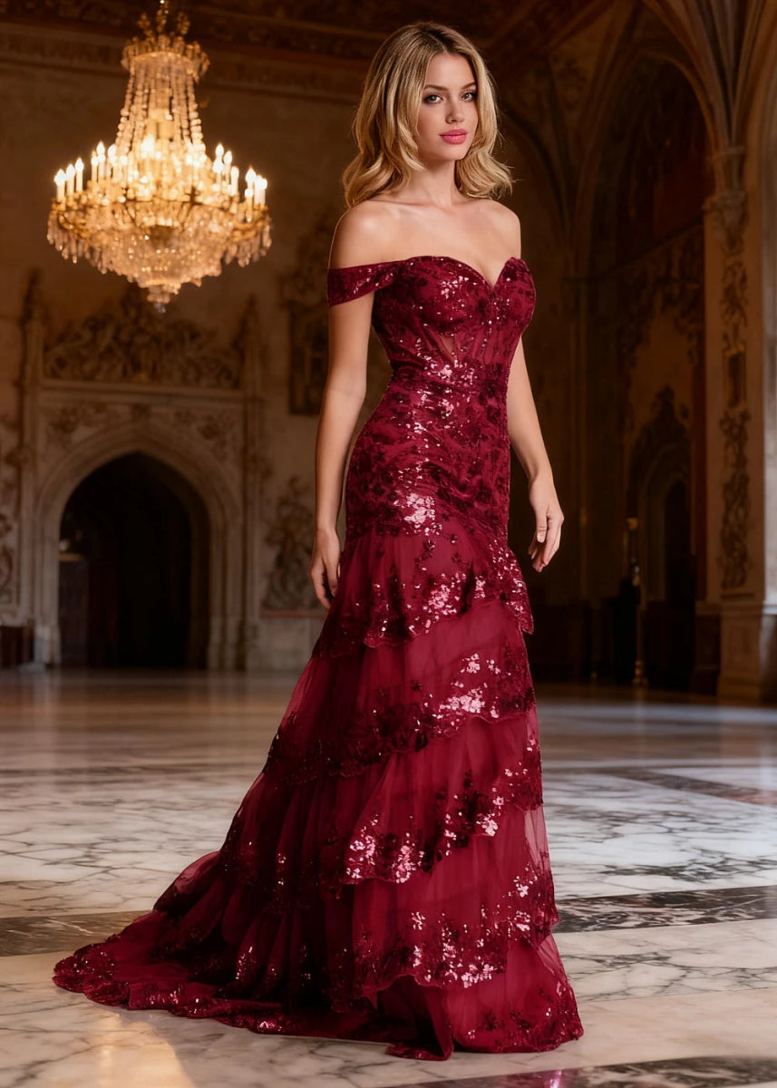 Reverie Burgundy Ruffle Off the Shoulder Prom Dress | Mermaid Sweetheart Strapless Sequin Dress Split - US0 - PromDressClub