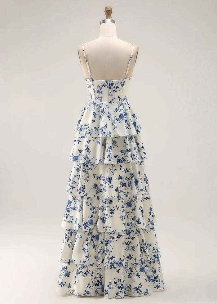 Rhea Floral Blue Prom Dress Ruffles | A - Line Spaghetti Strap Tiered Formal Dress with Slit - Blue Floral - PromDressClub