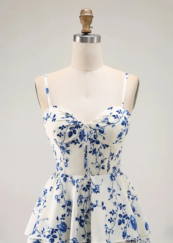 Rhea Floral Blue Prom Dress Ruffles | A - Line Spaghetti Strap Tiered Formal Dress with Slit - Blue Floral - PromDressClub
